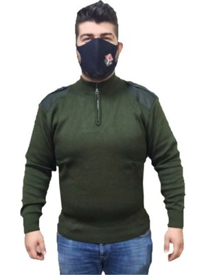 Asker Vadisi Haki Renk Fermuarlı Asker Kazağı Dirsekler ve Omuzları Yamalı