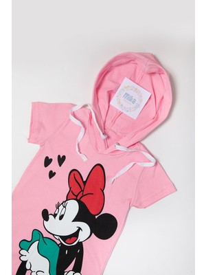 Mika Bebek Minnie Mouse Baskılı Yazlık Kız Çocuk Pembe Kapüşonlu Elbise