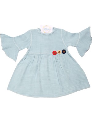 Mika Bebek Çiçek Detaylı Mavi Müslin Kız Bebek Yazlık Elbise