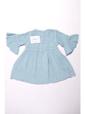 Mika Bebek Çiçek Detaylı Mavi Müslin Kız Bebek Yazlık Elbise