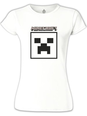 Lord T-Shirt Minecraft - Creeper Stencil Beyaz Bayan Tshirt