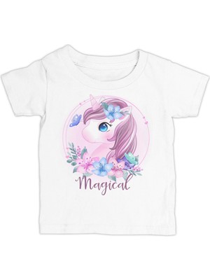 Lord T-Shirt Unicorn Çiçek Anneler Günü Beyaz Çocuk Tshirt