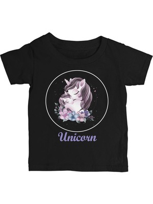 Lord T-Shirt Unicorn Çiçek Anneler Günü Siyah Çocuk Tshirt