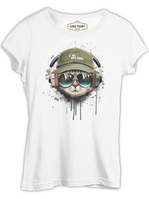 Lord T-Shirt Hat Style - Kedi Beyaz Bayan Tshirt