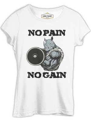Lord T-Shirt No Pain No Gain Hippo - Body Building Beyaz Bayan Tshirt