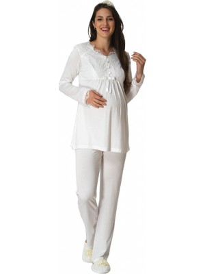 Effort Mecit Dantel Detaylı Ekru Lohusa Pijama Takımı 5414