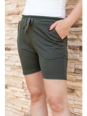 Azıcık Akıllı Kadın Haki Kısa Penye Belden Ipli Şort 21KSRTKPEN