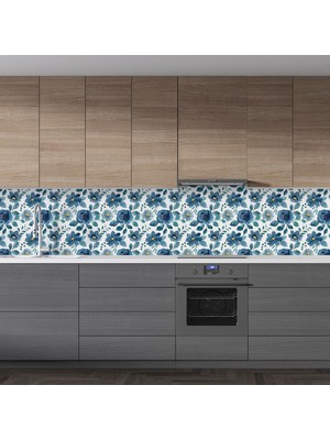 Sticker Art Mutfak Tezgah Arası Folyo Fayans Kaplama Folyosu Mavi Boyama Güller 60 x 200