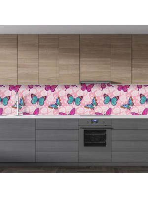 Sticker Art Mutfak Tezgah Arası Folyo Fayans Kaplama Folyosu Pembe Kelebekler 60 x 200