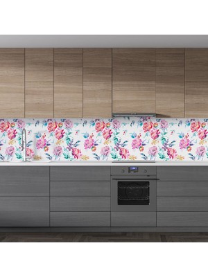 Sticker Art Mutfak Tezgah Arası Folyo Fayans Kaplama Folyosu Suluboya Çiçekler 60 x 200