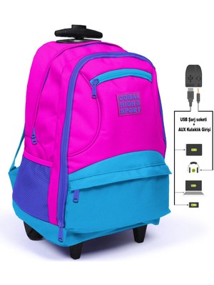 Coral High 23253 Sport Dört Bölmeli Usb Şarjlı Kulaklık Çıkışlı Çekçekli Sırt Çantası Pembe - Mavi