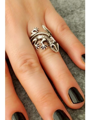 Fildişi Aksesuar Antik Gümüş Kaplama Kertenkele Şekilli El Yapımı Ayarlanabilir Yüzük