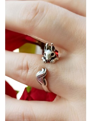 Fildişi Aksesuar Antik Gümüş Kaplama Sincap Şekilli El Yapımı Ayarlanabilir Yüzük