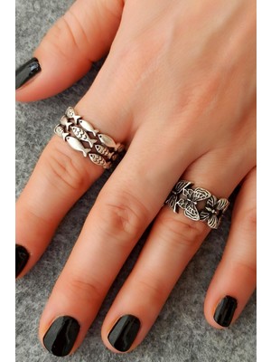 Fildişi Aksesuar Antik Gümüş Kaplama Balık ve Kelebek Şekilli El Yapımı Ayarlanabilir Yüzük Seti