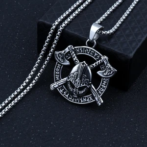 Balta & Miğfer Iskandinav Motifli Nordik Tasarım Runik Yazılı Çelik Kolye