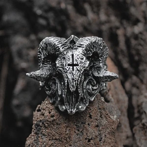 Baphomet Gotik Skull & Cross Ayarlanabilir Motorcu Çelik Yüzük