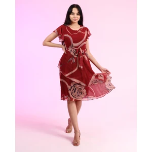 Kadın Bel Kuşaklı Desenli Bordo Şifon Elbise