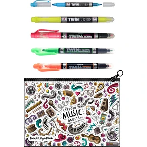 Twinliner Çift Taraflı Fosforlu Kalem 5'li Set + Boyanabilir Kalem Kutu Music
