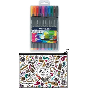 Fineliner 0.4 mm Ince Uçlu Keçe Kalem 10'lu Set + Boyanabilir Kalem Kutu Music