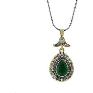 Çağrı Gümüş Yeşil Zümrüt Taşlı Gümüş Doğal Taşlı Otantik Kadın Kolye Hürrem Sultan Kolyesi