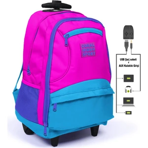 Coral High 23253 Sport Dört Bölmeli Usb Şarjlı Kulaklık Çıkışlı Çekçekli Sırt Çantası Pembe - Mavi