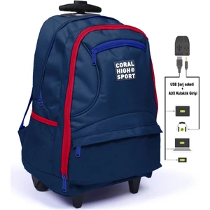 Coral High Sport 23254 Dört Bölmeli Usb Şarjlı Kulaklık Çıkışlı Çekçekli Sırt Çantası Lacivert - Kırmızı
