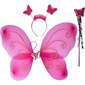 Kelebek Kanat 50 cm Kanat Asa Taç 3 Lü Set Fuşya Pembe Renk