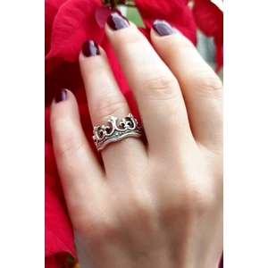 Fildişi Aksesuar Antik Gümüş Kaplama Kral Tacı Şekilli El Yapımı Ayarlanabilir Yüzük