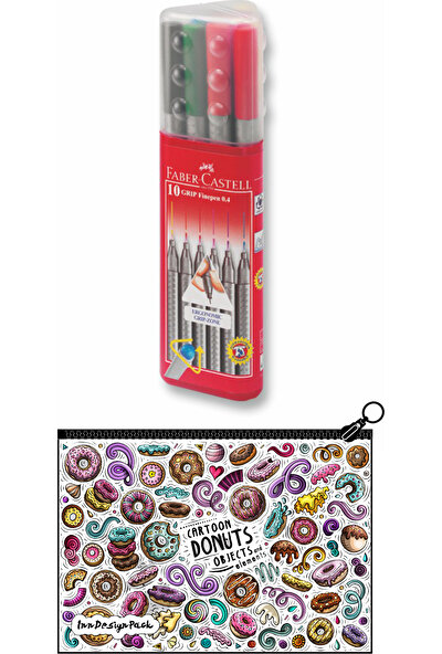 Faber Grip Finepen 0.4 mm Keçe Kalem 10 Renk Üçgen + Boyanabilir Kalem Kutu Donuts