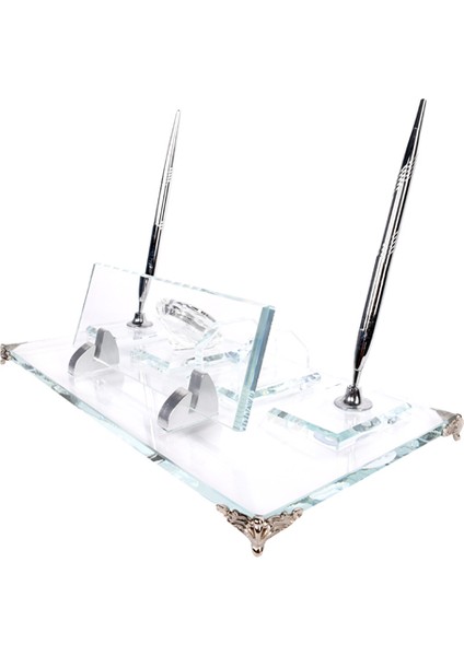 Kişiye Özel Kristal Şeffaf Masa Gümüş Set İsimlik Premium Şık Ofis Masa İsimliği