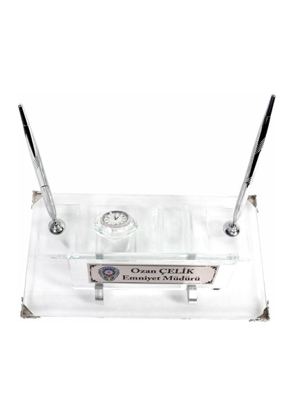 Kişiye Özel Kristal Şeffaf Masa Gümüş Set İsimlik Premium Şık Ofis Masa İsimliği modelleri