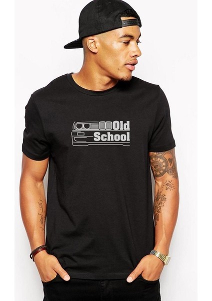 Araba Old School Baskılı Siyah Erkek Örme Tişört