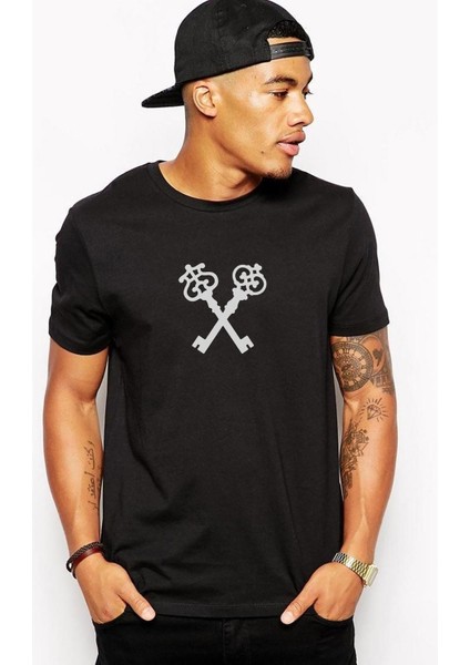 Keys Clefs White On Black 2 Baskılı Siyah Erkek Örme Tshirt