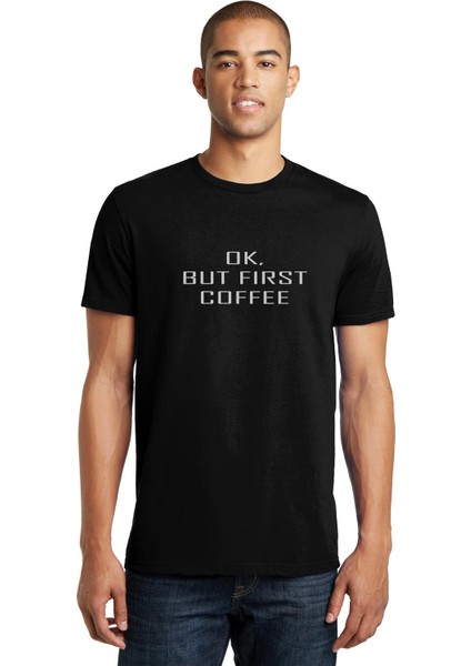 Ok But Fırst Coffee Baskılı Siyah Erkek Örme Tişört