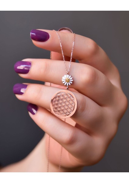 925 Ayar Gümüş Rose Kaplama Papatya Tepelikli Yaşam Çiçeği Kolye