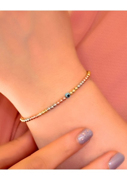 925 Ayar Gümüş Üç Renkli Gözlü Dorika Toplu Kadın Bileklik