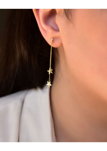 925 Ayar Gümüş Altın Kaplama Toplu Sallantılı Yıldız Zincir Küpe