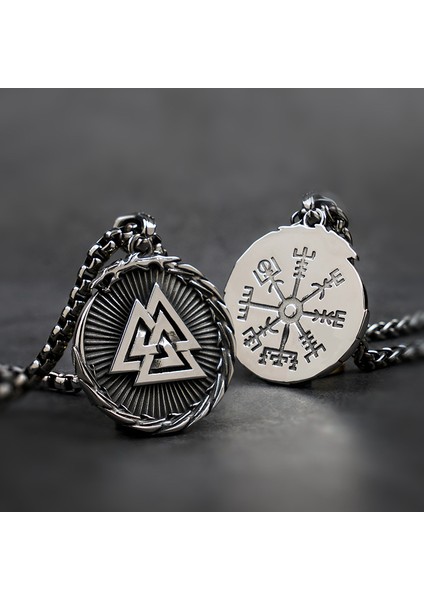Valknut Işlemeli Ouroboros Sonsuz Savaşçı Simgesi 316L Çelik Kolye