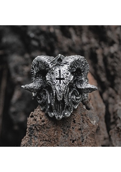 Baphomet Gotik Skull & Cross Ayarlanabilir Motorcu Çelik Yüzük