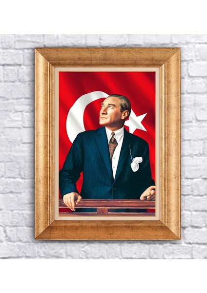 Çerçeveli Atatürk Ay Yıldız Bayrak Kanvas Tablo