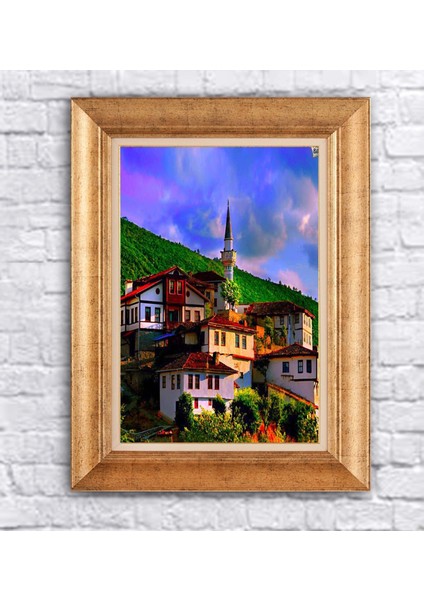 Çerçeveli Paspartolu Köy Manzarası Kanvas Tablo
