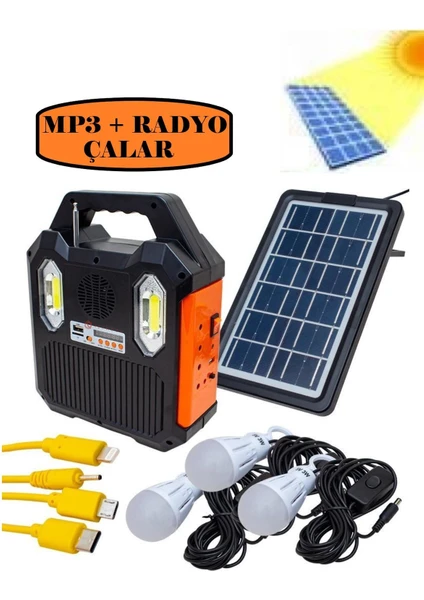 AT-903 Güneş Enerjili Solar Şarjlı Mp3-Radyo Çalarlı Çadır Kamp Aydınlatma Fener Seti