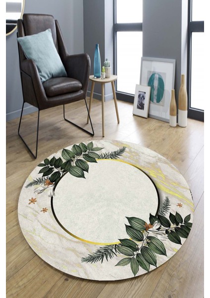 Yeşil Yapraklı Çerçeve Motifli Yuvarlak Halı Makinada Yıkanabilir Kaymaz Dot Taban 180 x 180 cm