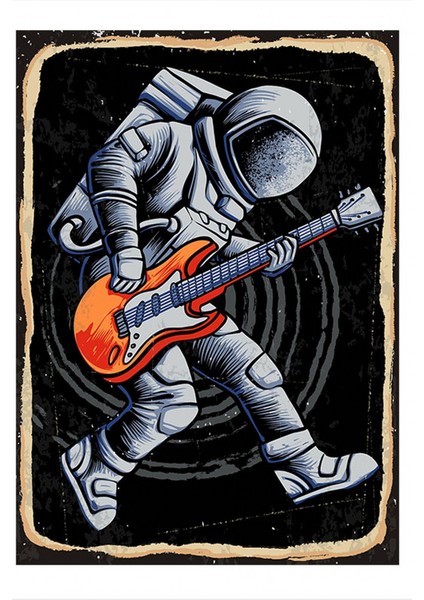 Gitarist Astronot Desenli Ahşap Tablo