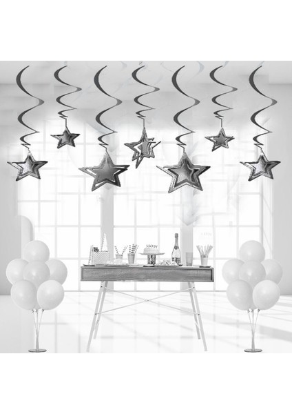 Parti 3 Boyutlu Spiralli Gümüş Renk Yıldız Şekilli Tavan Asma Süsü 10 Adet