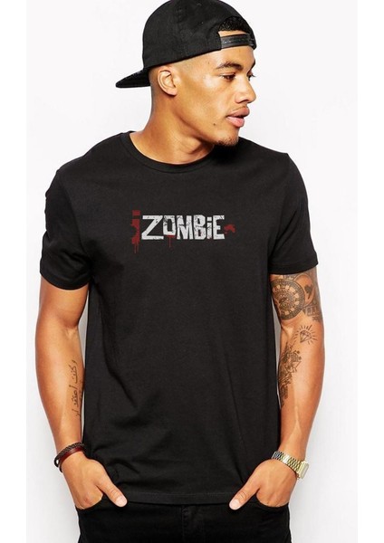 Zombie Logo Baskılı Siyah Erkek Örme Tişört