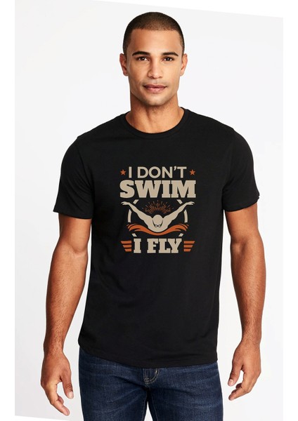 I Dont Swim I Fly Baskılı Siyah Erkek Örme Tshirt