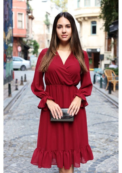 Kadın Bordo Astarlı Kruvaze Şifon Elbise