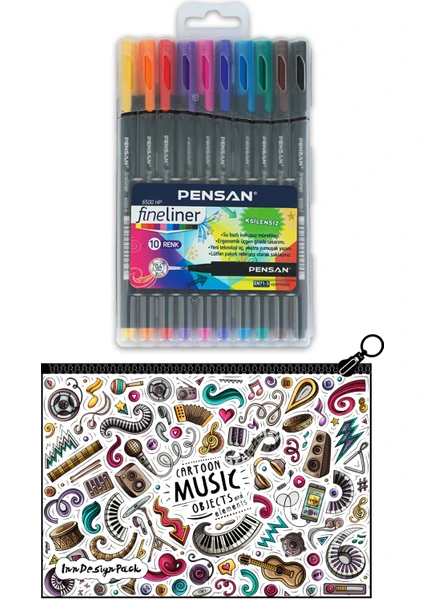 Fineliner 0.4 mm Ince Uçlu Keçe Kalem 10'lu Set + Boyanabilir Kalem Kutu Music