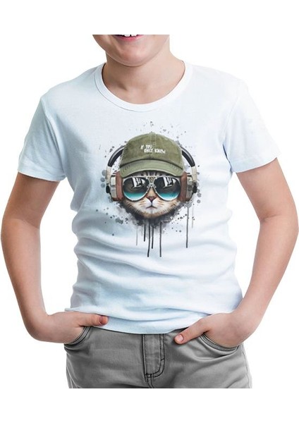 Hat Style - Kedi Beyaz Çocuk Tshirt